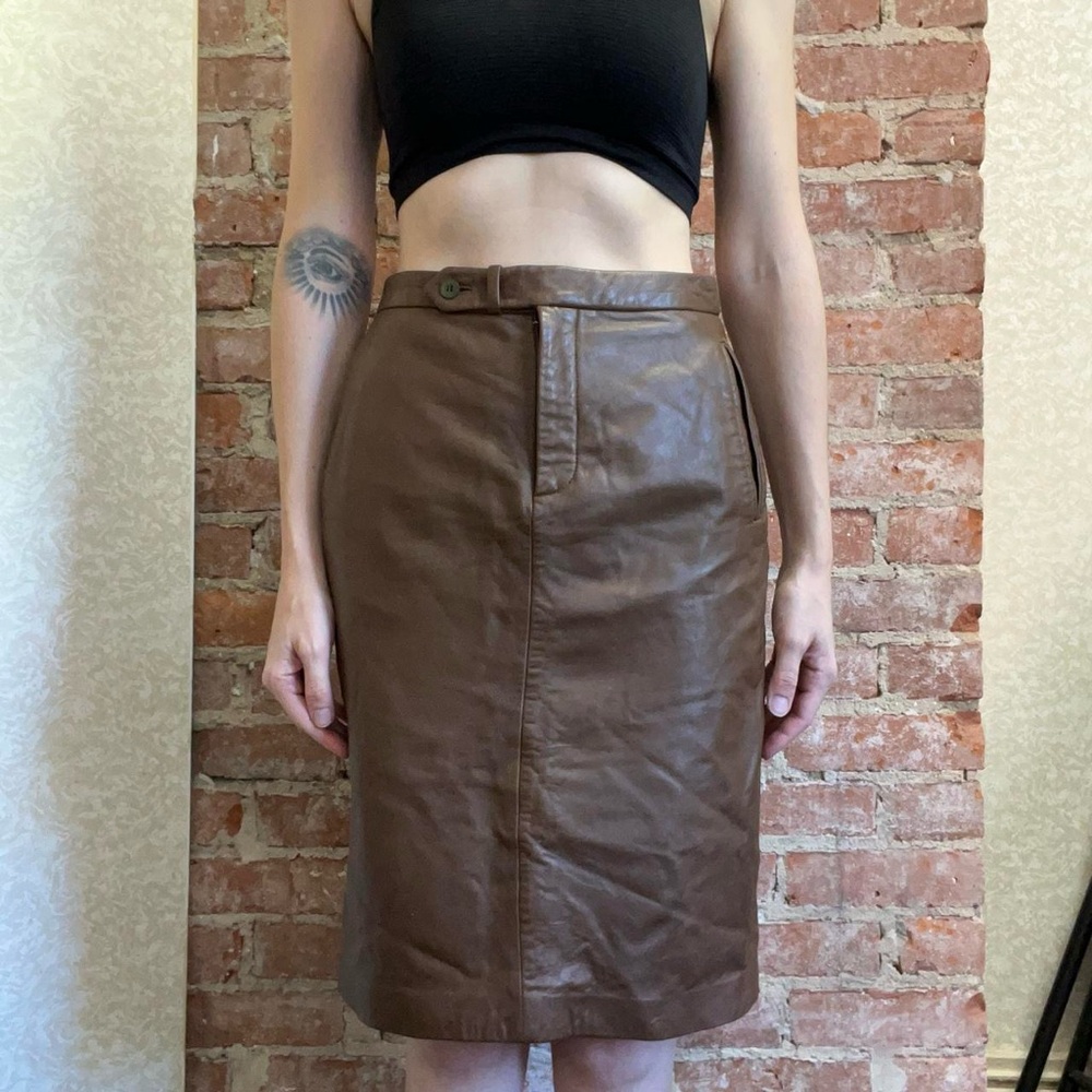 Brown Leather Pencil Midi‎ Skirt By Hugo Buscati Size 2 Vintage 90s